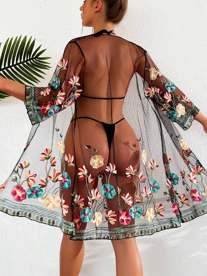 Floral Embroidery Mesh Kimono