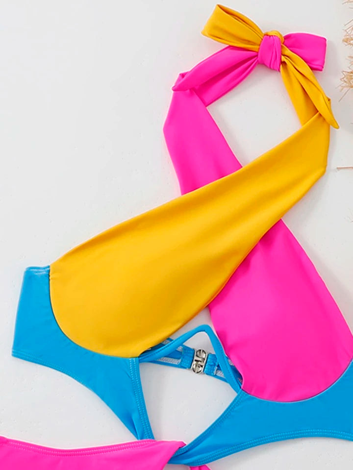 Colorblock Cut Out Tie Back Underwire One Piece Swimsuit