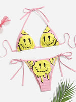 Load image into Gallery viewer, ROMWE Street Life Cartoon Face Graphic Triangle Tie Side Bikini Swimsuit
