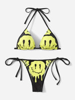 Load image into Gallery viewer, ROMWE Street Life Cartoon Face Graphic Triangle Tie Side Bikini Swimsuit
