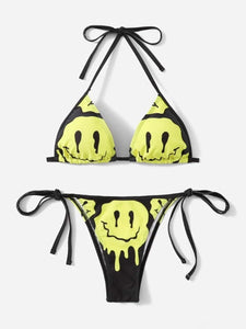 ROMWE Street Life Cartoon Face Graphic Triangle Tie Side Bikini Swimsuit