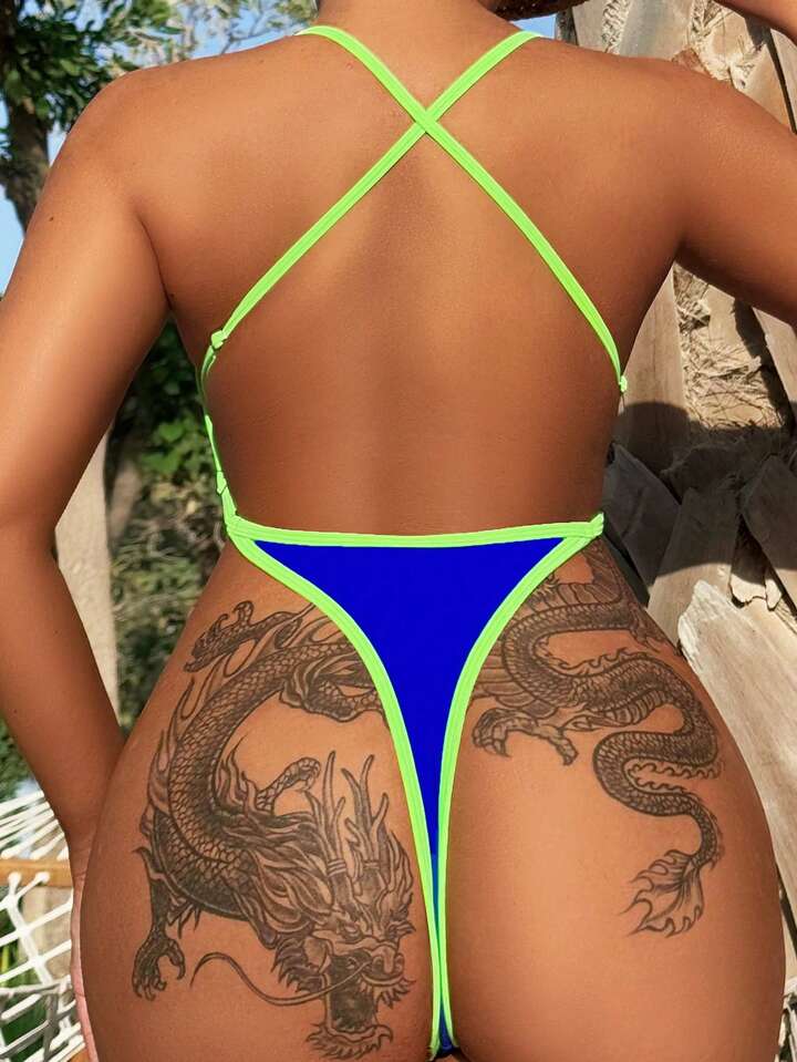 Contrast Backless Cut-Out Monokini Swimsuit Set