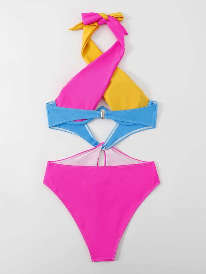 Colorblock Cut Out Tie Back Underwire One Piece Swimsuit