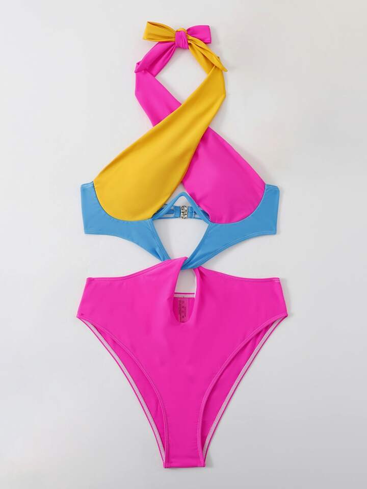 Colorblock Cut Out Tie Back Underwire One Piece Swimsuit