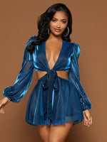 Load image into Gallery viewer, Cut Out Plunging Neck Lantern Sleeve Metallic Romper
