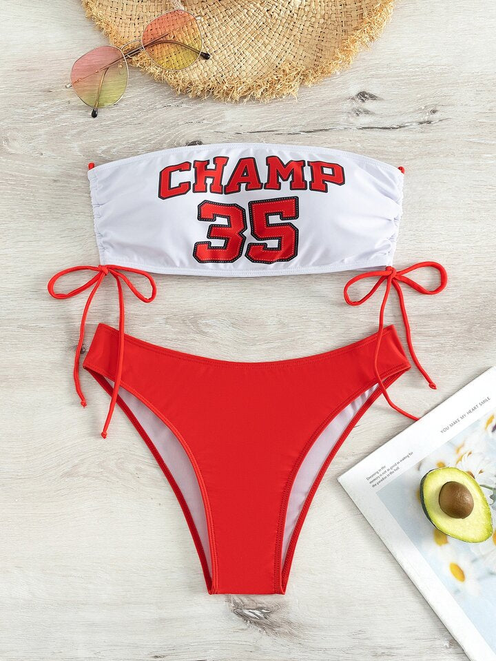 Letter Graphic Drawstring Side Bandeau Bikini Set