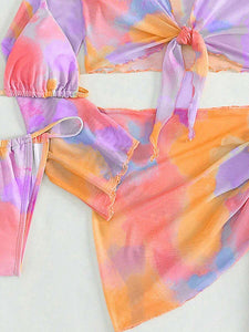 Tie Dye Bikini Set Halter Triangle Bra & Thong Bottom & Cover Up Top & Skirt 4 Piece Bathing Suit