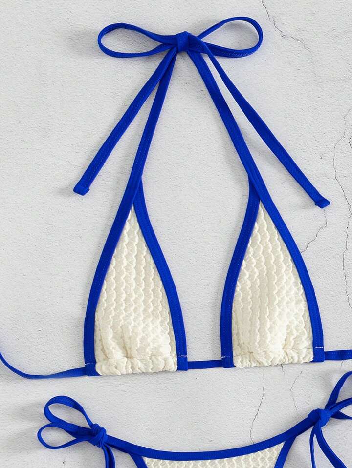 Color Blocking Halter Strap Triangle Bikini Set