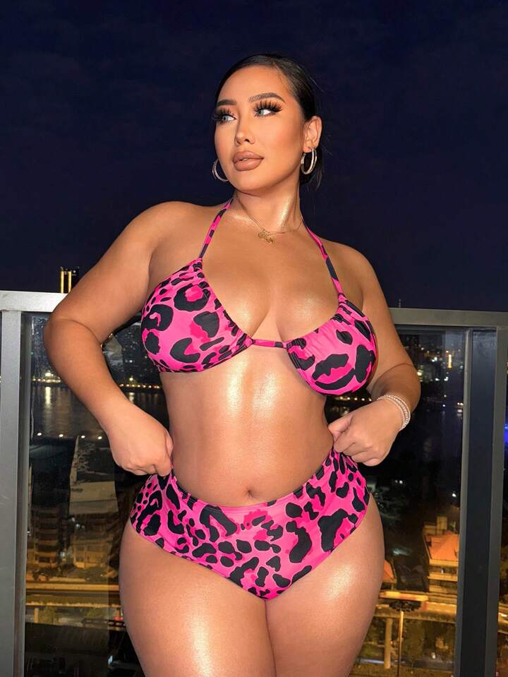 Plus Size Leopard Print 3-Piece Bikini Set