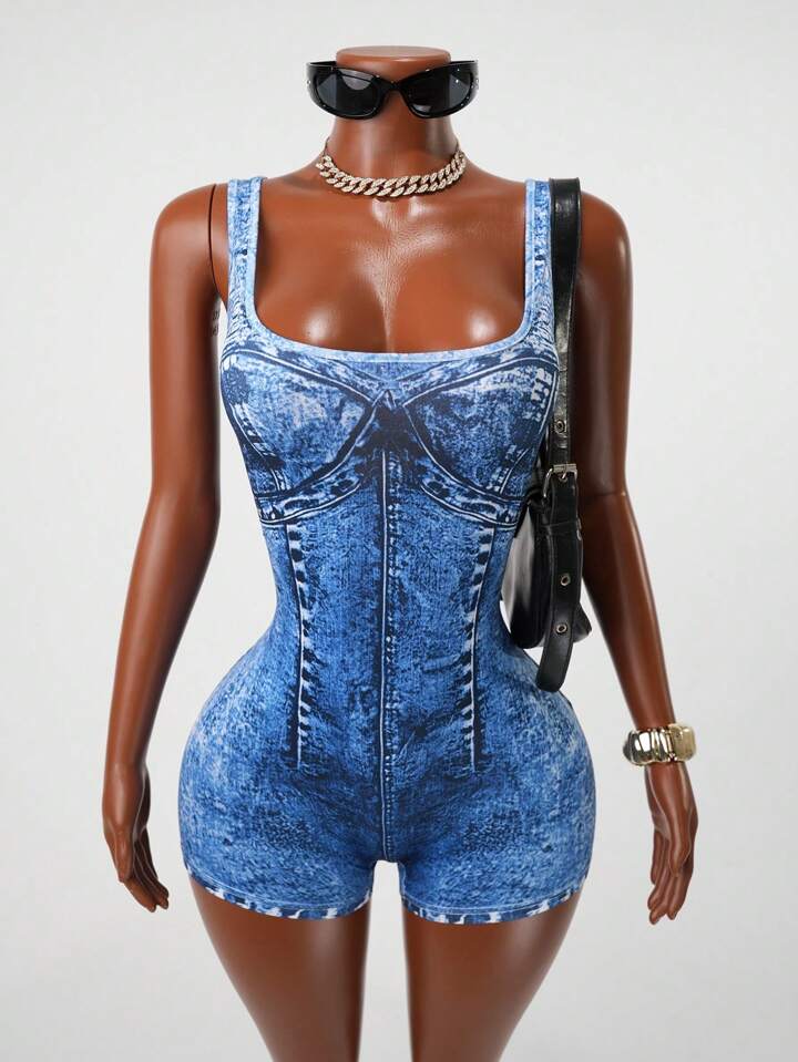 Sleeveless Knitted Jumpsuit With Denim Effect