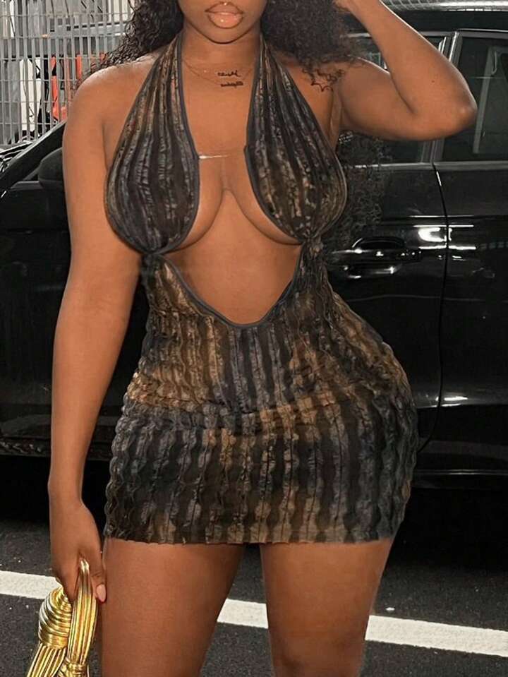 Halter Backless Sheer Bust Mini Dress