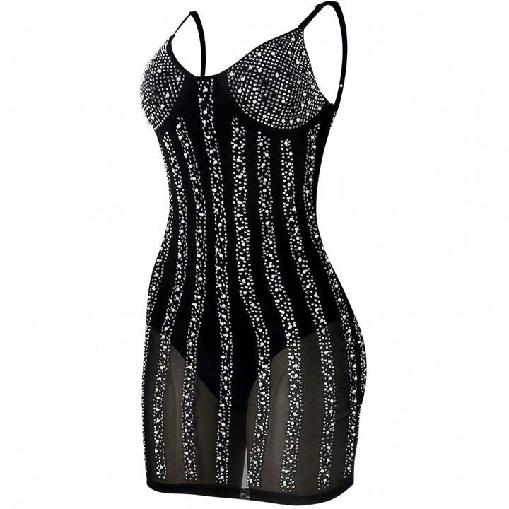 Beading Hot Drilling Spaghetti Strap Mini Dress Elegant Rhinestone Sparkly Backless Sling Sheer Mesh Bodycon