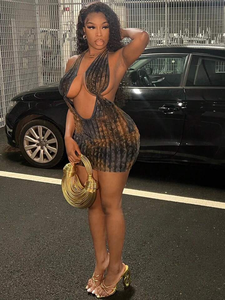 Halter Backless Sheer Bust Mini Dress