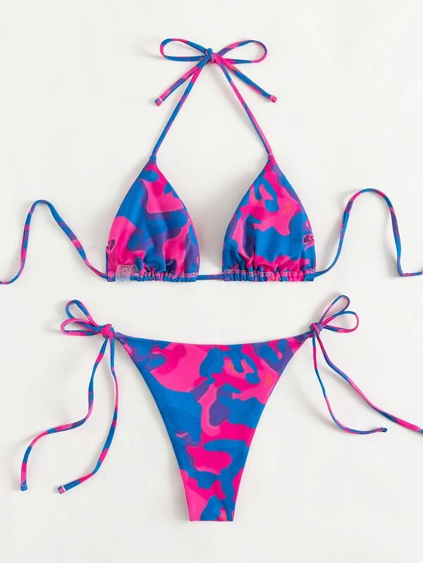 Camo Print Triangle Tie Side Bikini Swimsuit