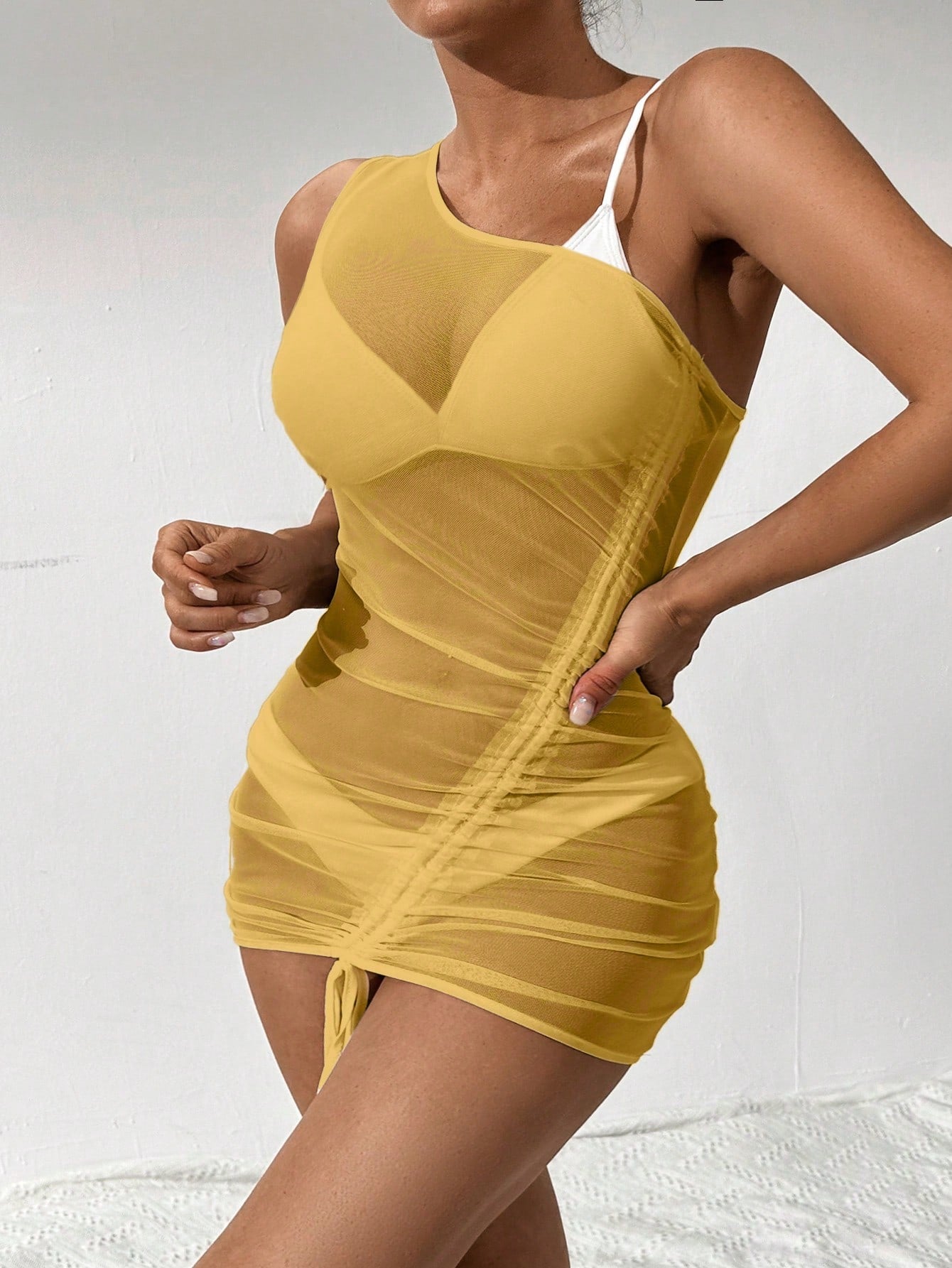 Drawstring Front One Shoulder Cover Up Dress