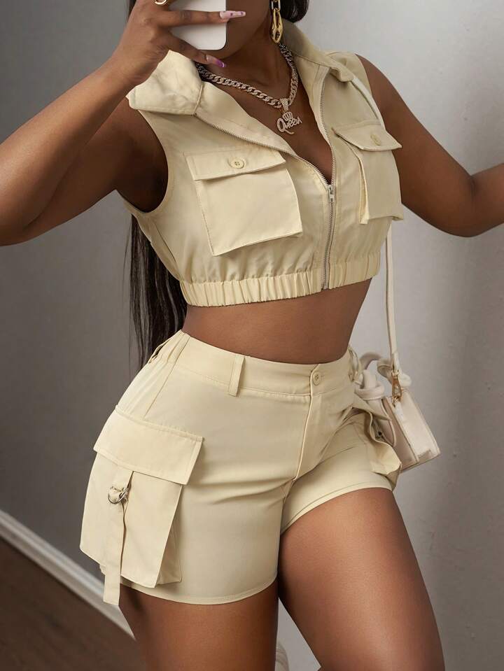 Sleeveless Lapel Top With Pocket Design And Shorts