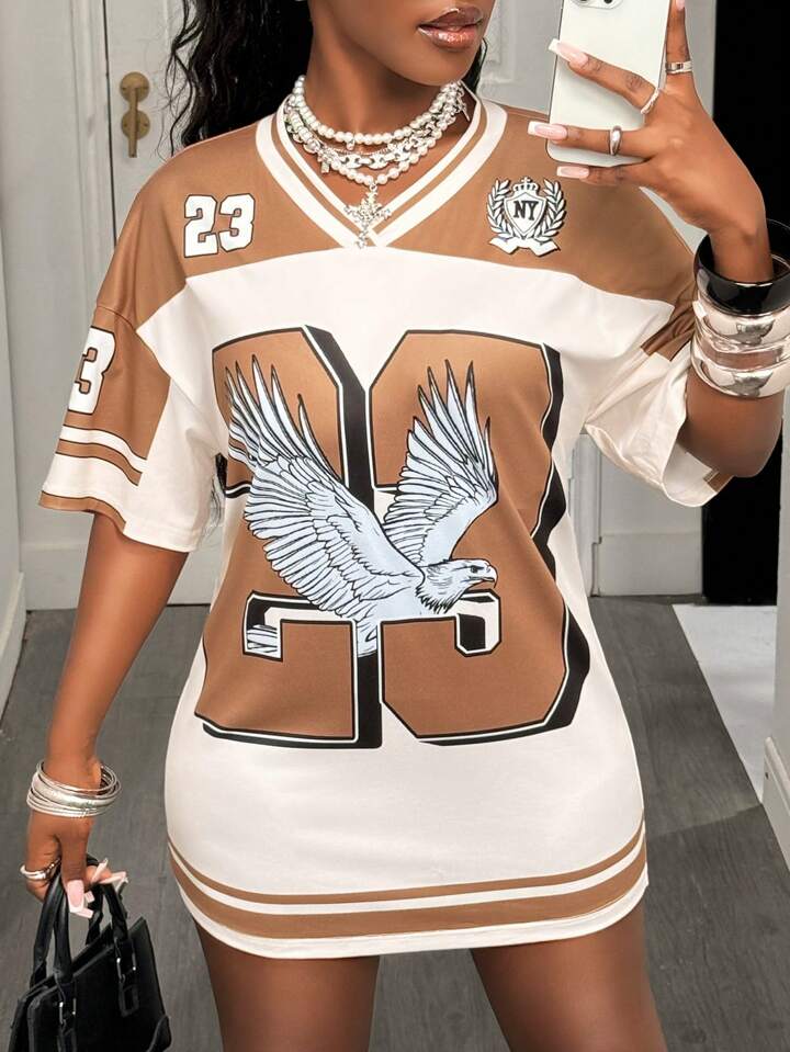 V-Neck Off-Shoulder Short Sleeve 23 Digital Eagle Pattern Brown And Apricot Stripes Retro Pattern Full Body Printing Loose Knitted Fabric Ladies Mini Dress