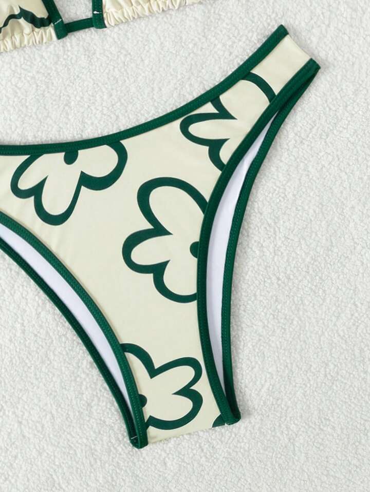 Floral Printed Contrast Color Trim Bikini Set