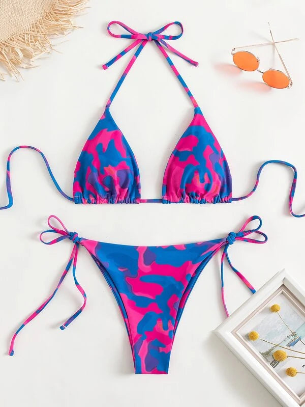 Camo Print Triangle Tie Side Bikini Swimsuit