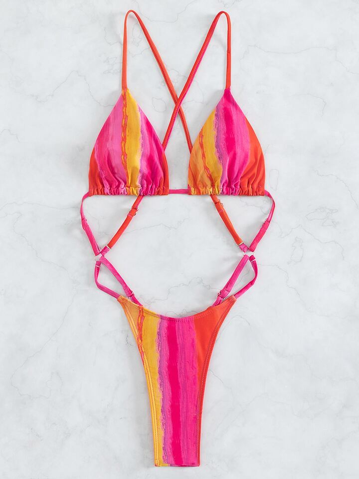 Random Ombre Cut Out Crisscross Back One Piece Swimsuit