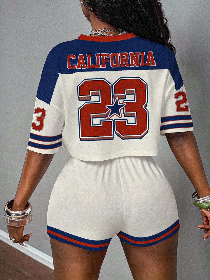 23 Letter Graphic Round Neck Oversized Snowflake Fabric T-Shirt And Shorts Sets