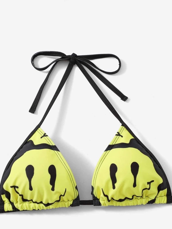 ROMWE Street Life Cartoon Face Graphic Triangle Tie Side Bikini Swimsuit