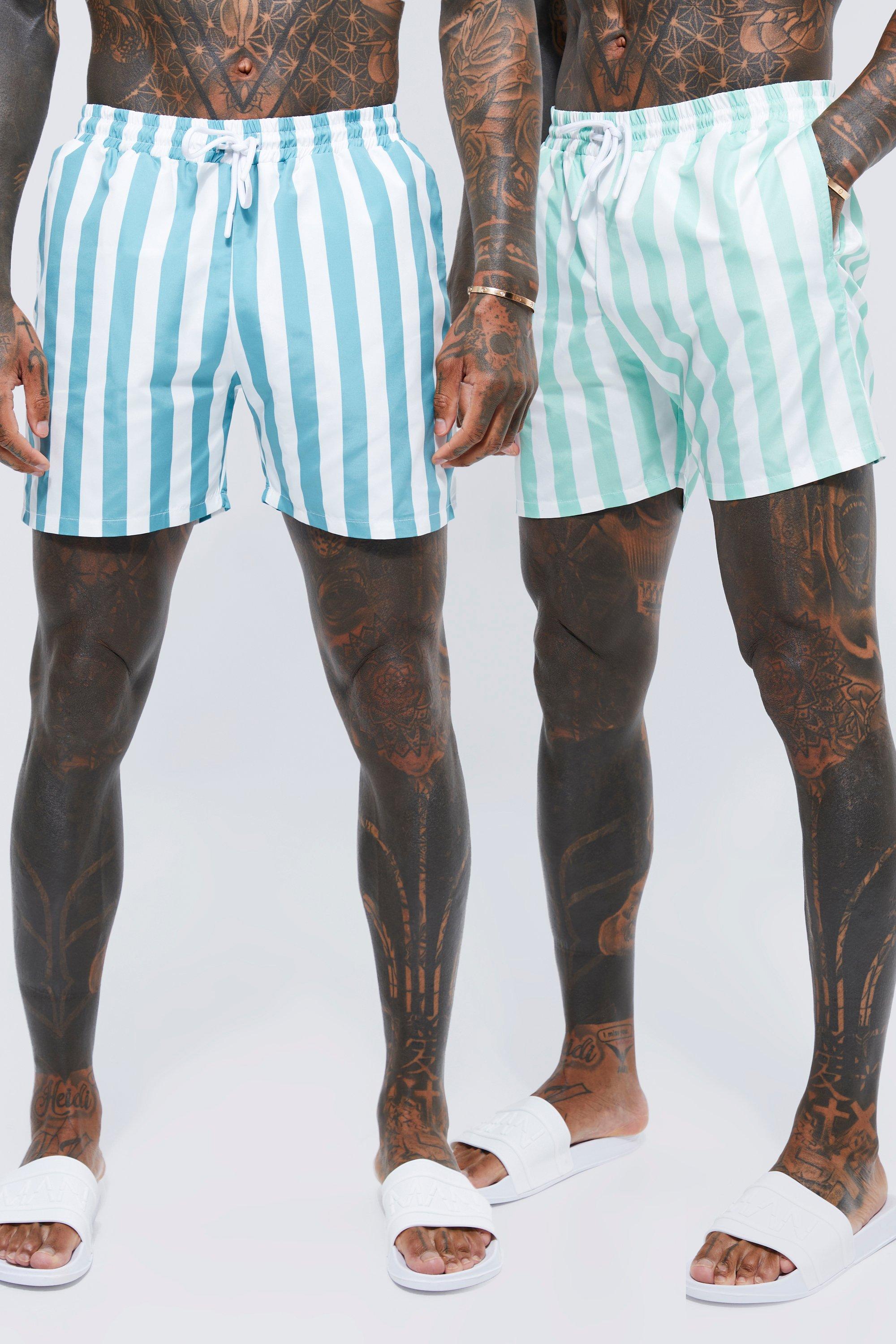 Mid Length Striped 2 Pack Swim Trunks