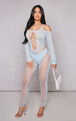 Load image into Gallery viewer, Petite Light Blue Knitted Sheer Jumpsuit
