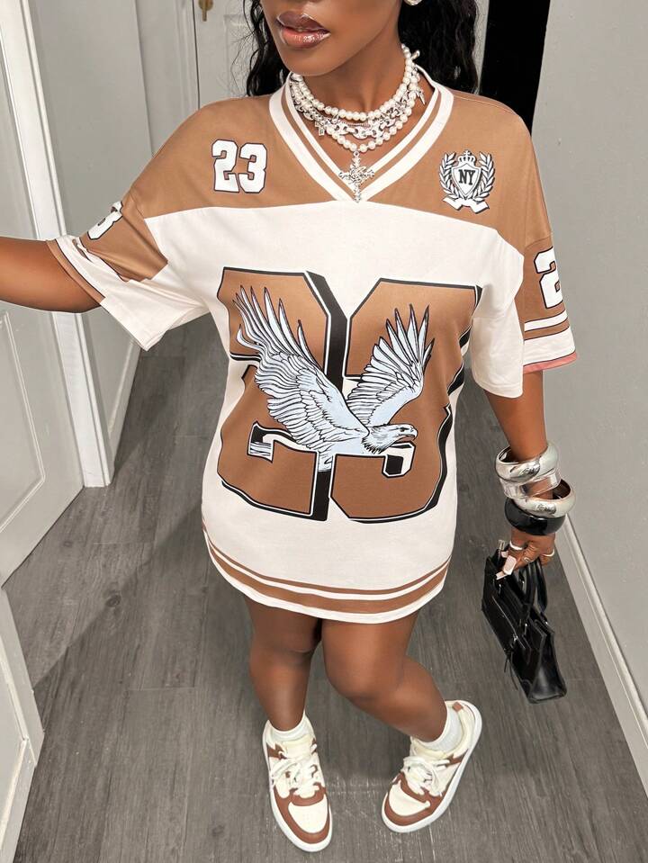 V-Neck Off-Shoulder Short Sleeve 23 Digital Eagle Pattern Brown And Apricot Stripes Retro Pattern Full Body Printing Loose Knitted Fabric Ladies Mini Dress