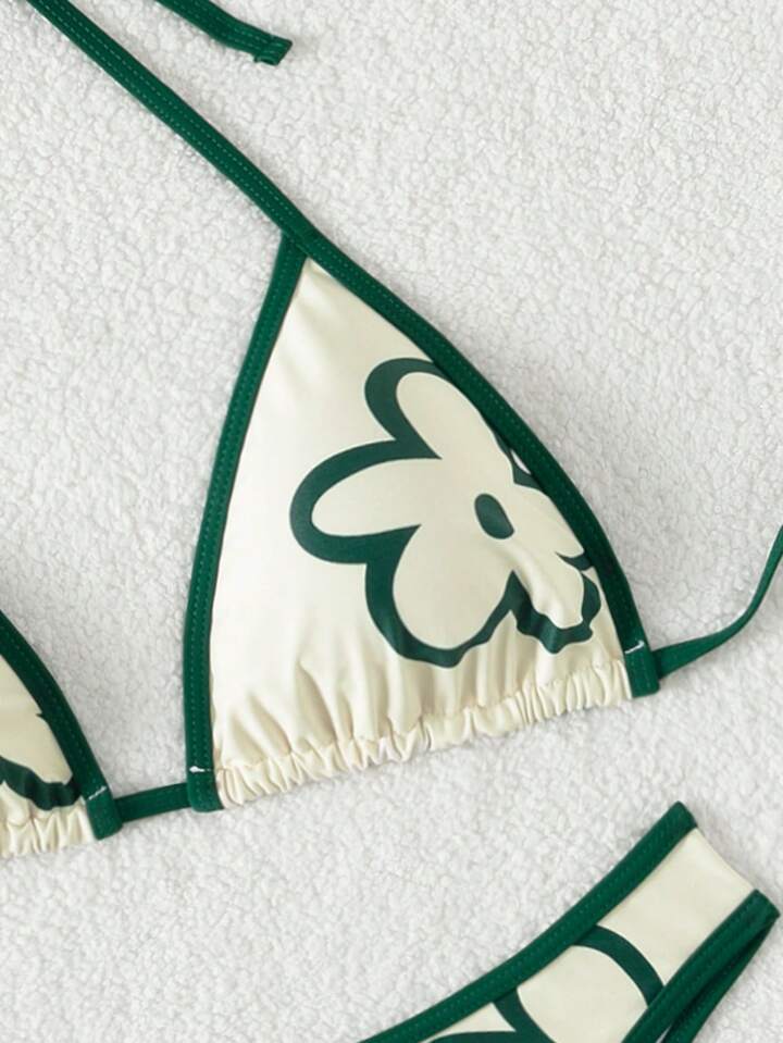 Floral Printed Contrast Color Trim Bikini Set