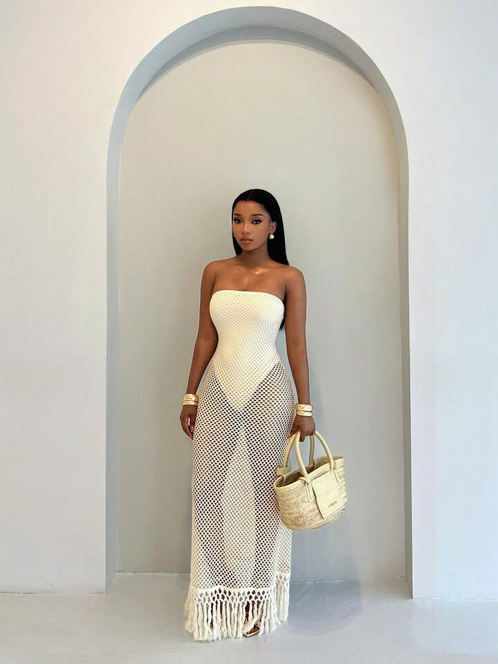 Crochet Mesh Tassel Hem Dress