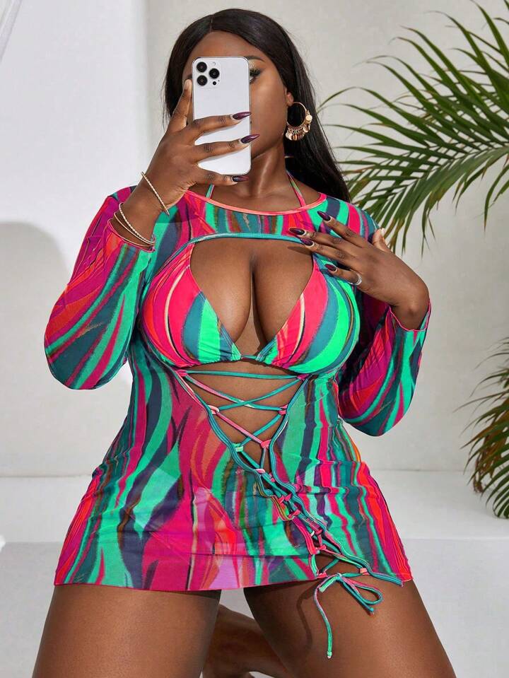 Plus Size Women 3pcs/Set Random Floral Print Halter High Waisted Bikini Set With Chiffon Long Sleeve Cover Up Beach Dress