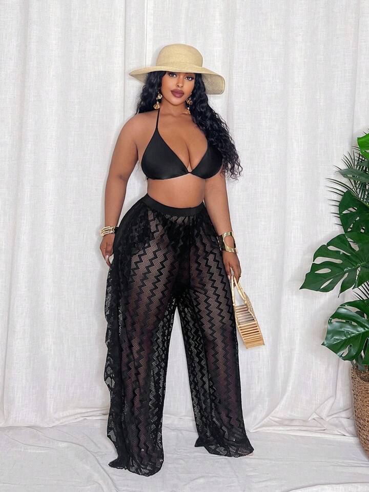 Plus Size Women Wave Striped Mesh Cover Up & Wide Leg Pants Set