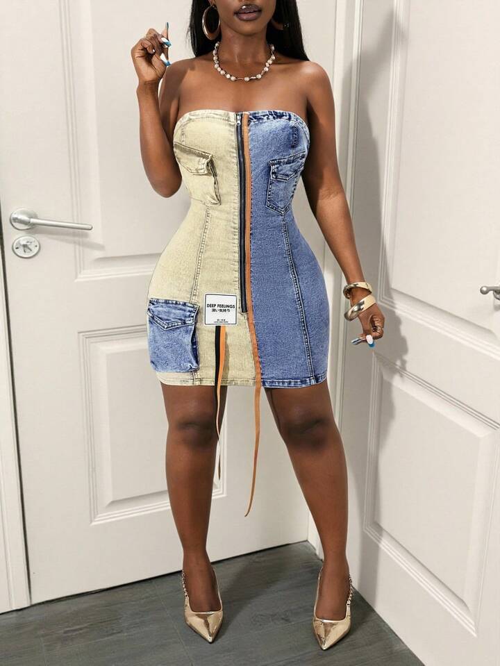 Zip Front Fitted Denim Dress Jeans