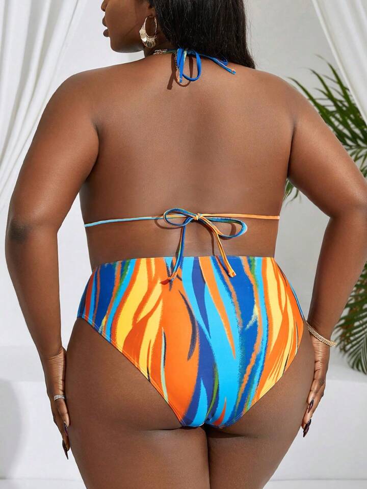 Plus Size Random Printing Knot Back Bikini Set With Hollow Out Strap Cover Up Dress