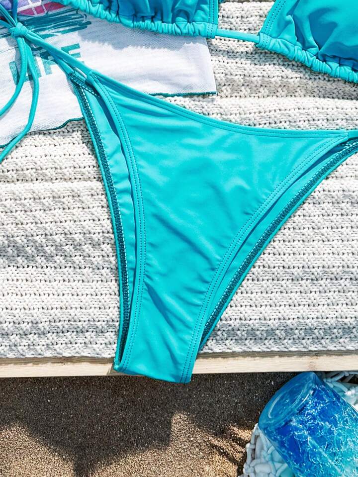 Halter Tie Sexy Bikini Swimwear Set With Short Sleeve Cover Up Top