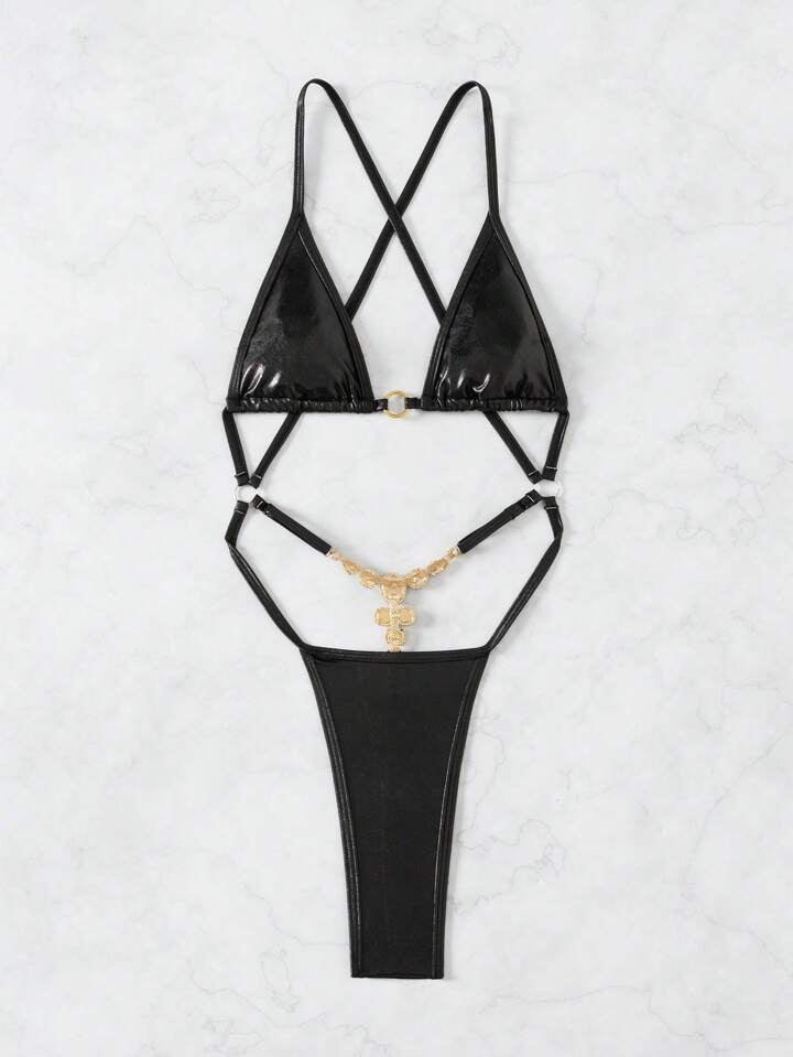 Patent Leather Front Gold Ring Decor Criss-Cross Backless Bodysuit With Rhinestone Ornament