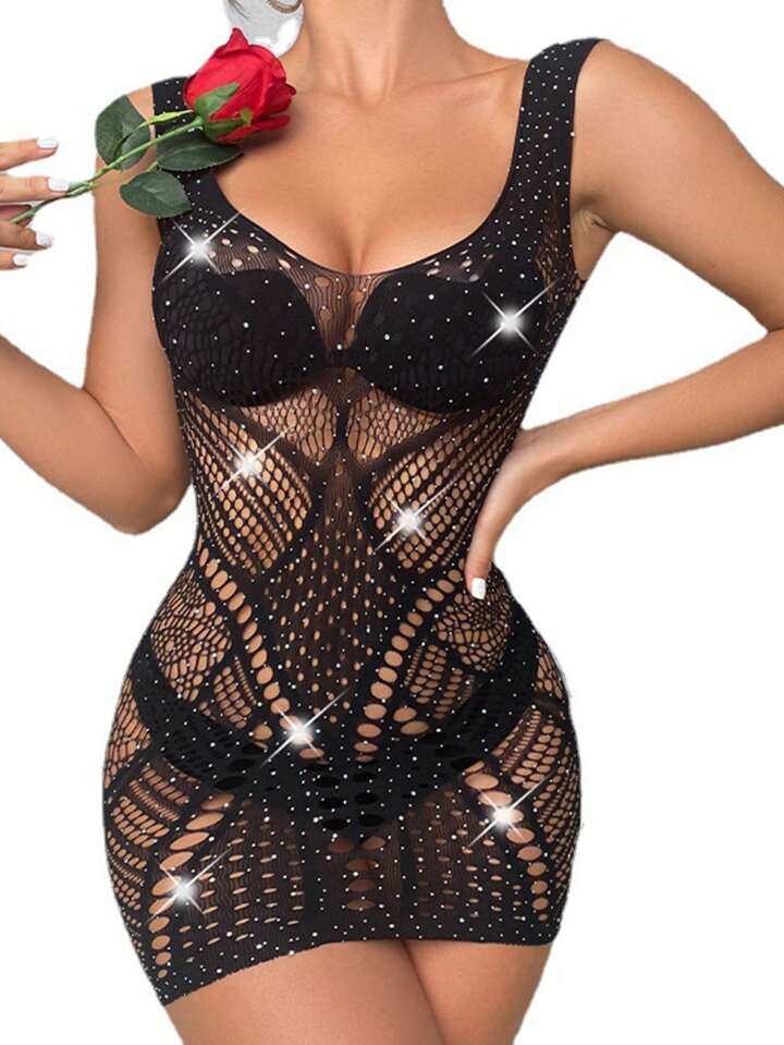 Rhinestone Studded Sexy One-Piece Fishnet Bodycon Dress, No Underwear Included