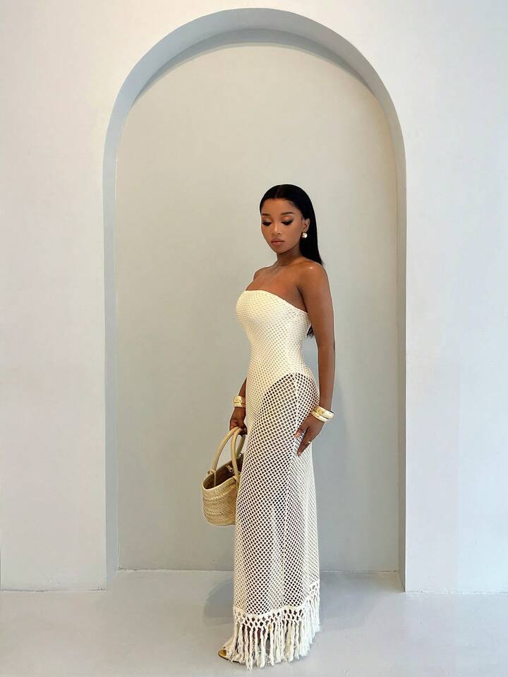 Crochet Mesh Tassel Hem Dress