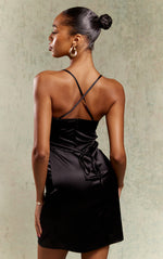 Load image into Gallery viewer, Black Satin Cowl Neck Tie Back Shift Dress
