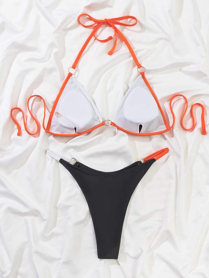 Contrast Binding Ring Linked Triangle Bikini Set
