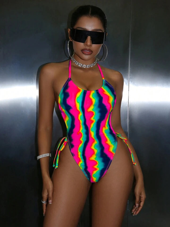 Tie-Dye Neon Halter Backless One-Piece Swimsuit Bathing Suit For Summer Beach