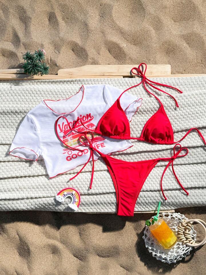 Solid Color Halter Halter Sexy Bikini Set With Letter Printed Short Sleeve Cover Up Top