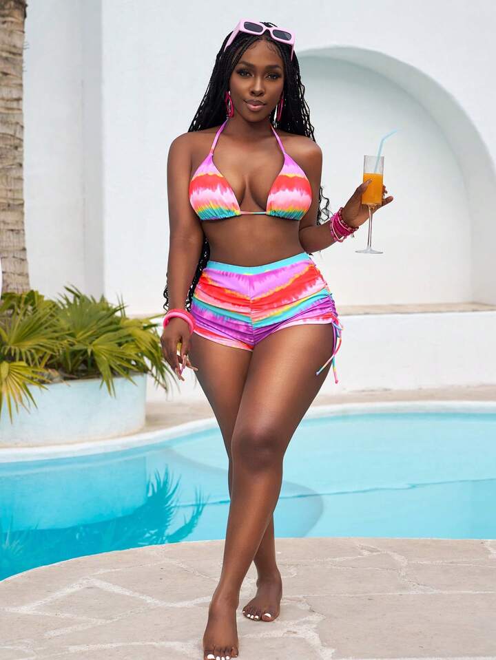 Gradient Printed Frill Two-Piece Swimwear Bikini Beach Shorts Set