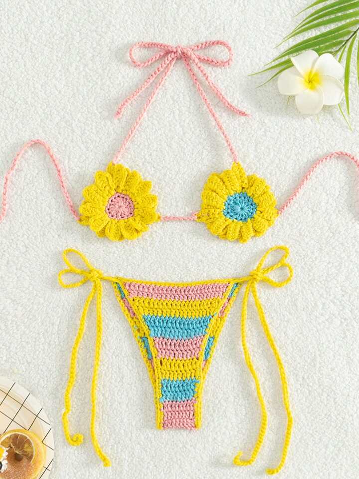 Color Block Crochet Halter Top & Brief Cover Up Sets