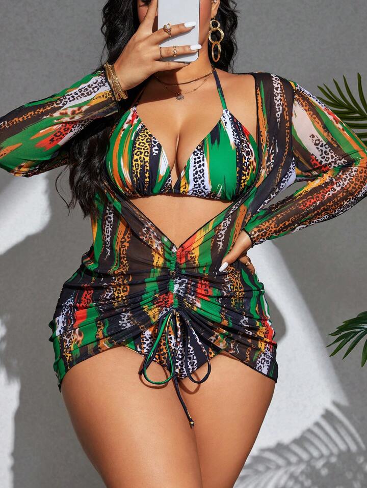Plus Size Colorblocking Leopard Print 3pcs Swimwear, Beach Outfit Tankini Set Bathing Suit