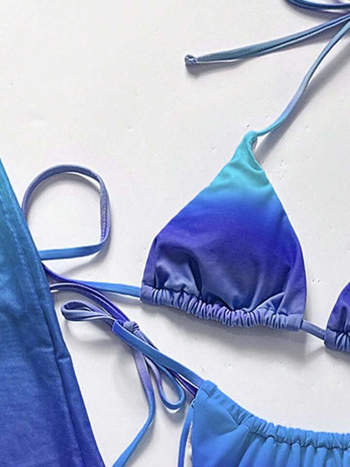 Bright Ombrem Solid Color Sexy Halter Bikini Swimwear Set Long Sarong Dress