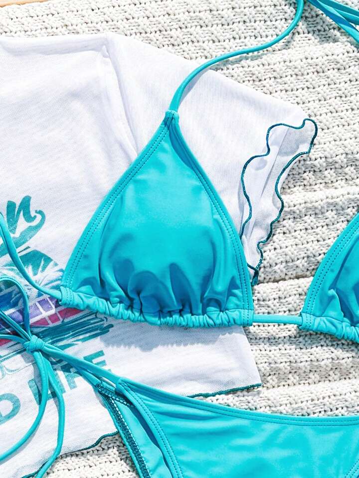 Halter Tie Sexy Bikini Swimwear Set With Short Sleeve Cover Up Top