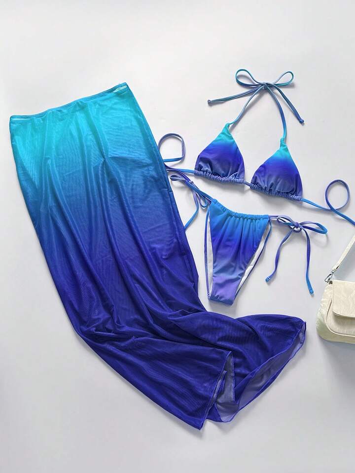 Bright Ombrem Solid Color Sexy Halter Bikini Swimwear Set Long Sarong Dress