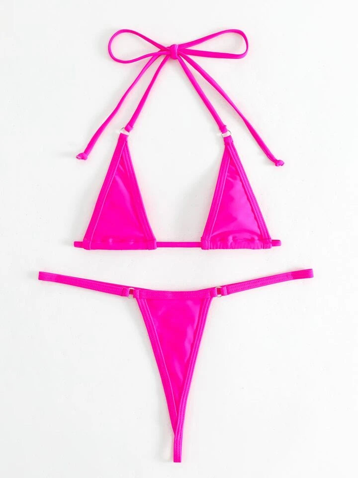 Rave Bikini Set Ring Linked Halter Triangle Micro Bra & G-String Bottom 2 Piece Bathing Suit
